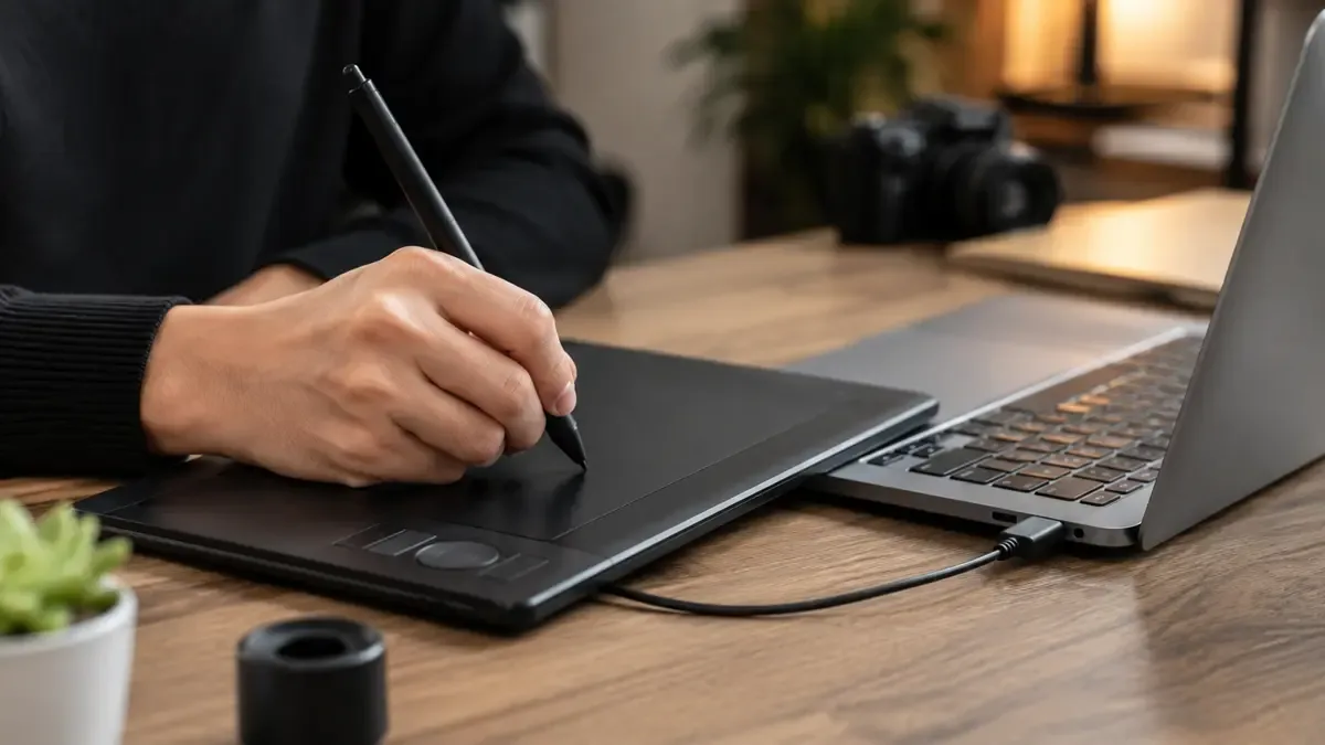 Mano dibujando sobre una tableta gráfica junto a una notebook
