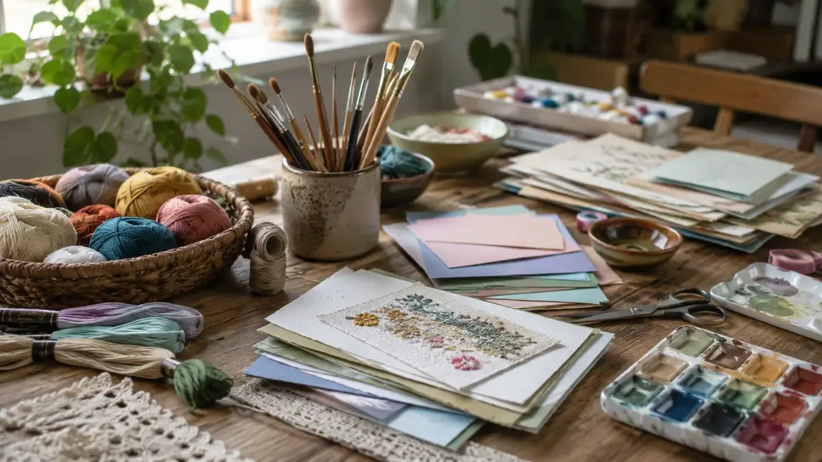 Mesa de trabajo con materiales de manualidades