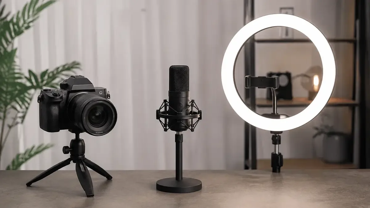 Cámara, micrófono y aro de luz sin marcas en una mesa neutra de estudio, plano medio documental, perspectiva natural