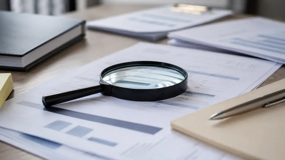 Lupa sobre documentos y gráficos para una revisión de datos