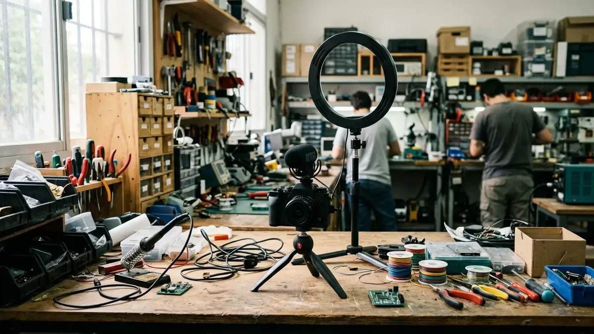Cámara, micrófono y aro de luz sin marcas en un taller tecnológico con herramientas, plano medio documental, perspectiva